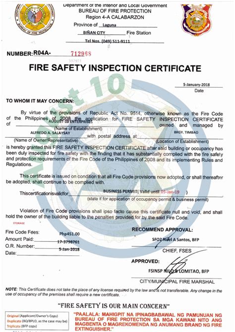 bfp fire safety inspection certificate|Fire Safety Inspection Certificate: Bureau of Fire .